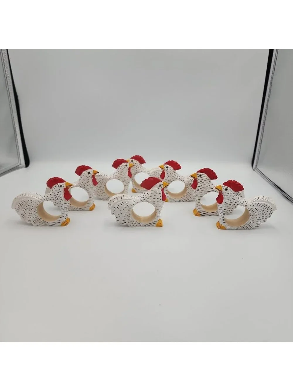 Set of 8 Wooden Rooster Chicken Napkin Rings Holders Farmhouse